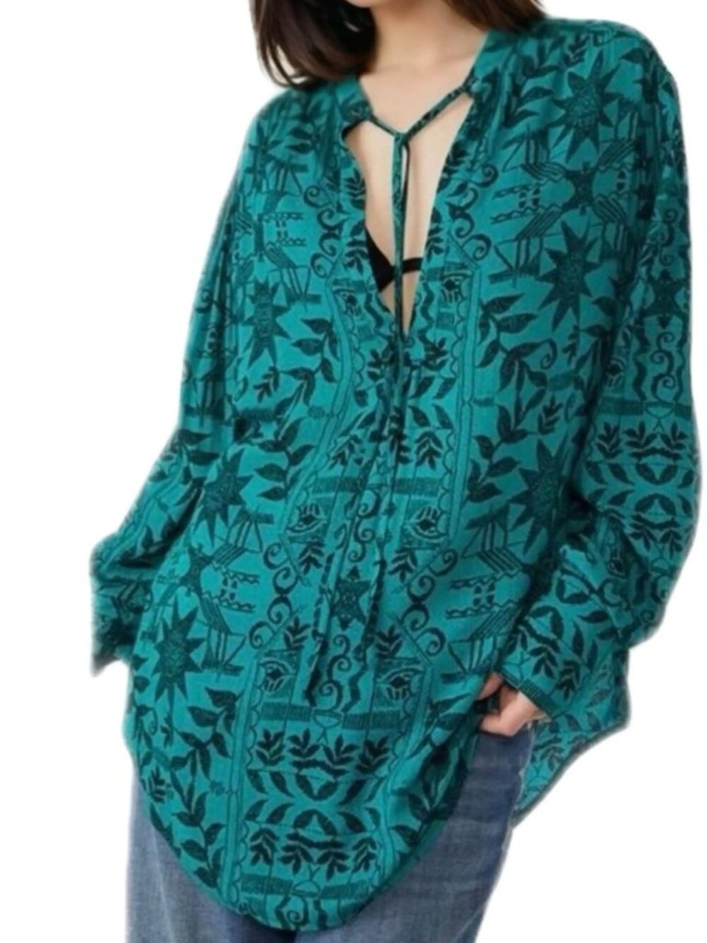 Free People Mia Floral Print Tie Neck Tunic Top in Poison Ivy Combo